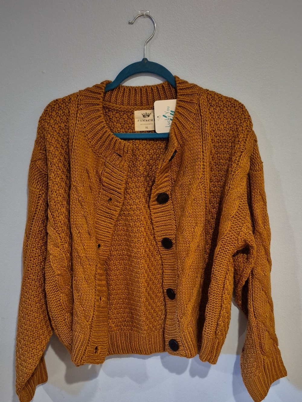 Panache Chunky Cable Knit Cardigan Sweater - Mustard Brown